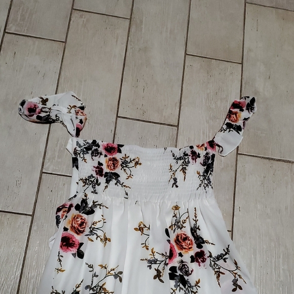 White Dress With Floral Rose Design - Women's L, Off the Shoulder, Maxi - Picture 3 of 5